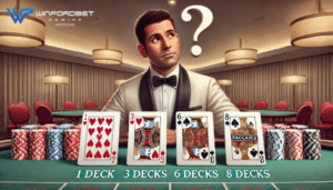 a casino dealer is thinking with playing cards and casino chip in front of him on top of a baccarat table